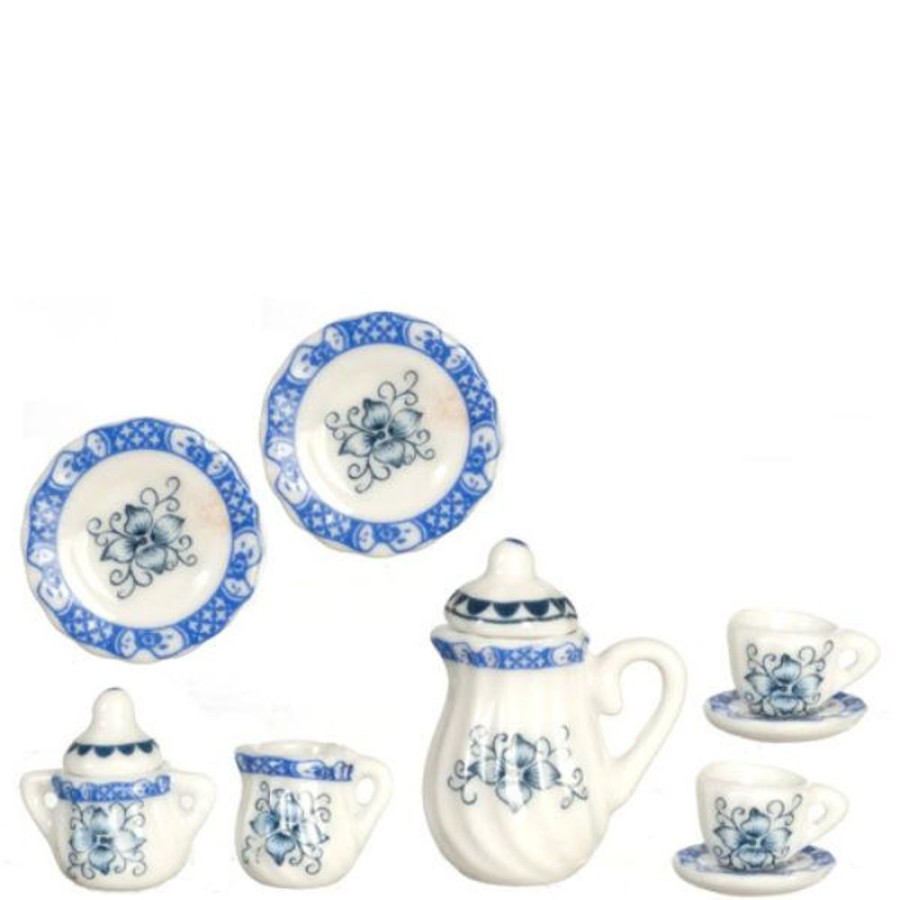 Dollhouse Miniatures Aztec | 11-Piece Blue Floral Dollhouse Miniature Tea Set