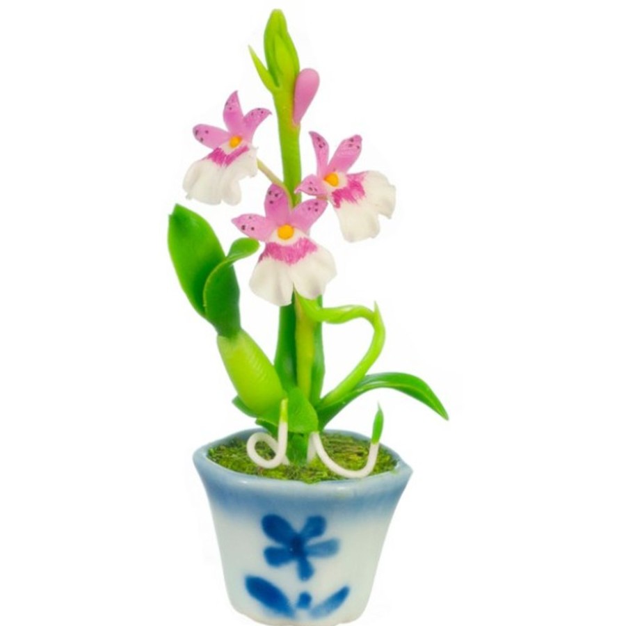 Dollhouse Miniatures Aztec | Pink & White Dollhouse Miniature Potted Oncidium Orchid