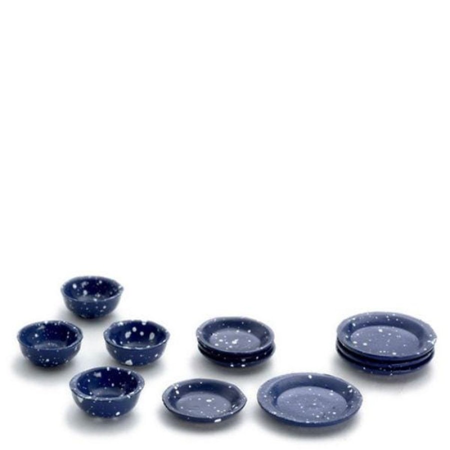 Dollhouse Miniatures Aztec | Blue Spatterware Dollhouse Miniature Dish Set