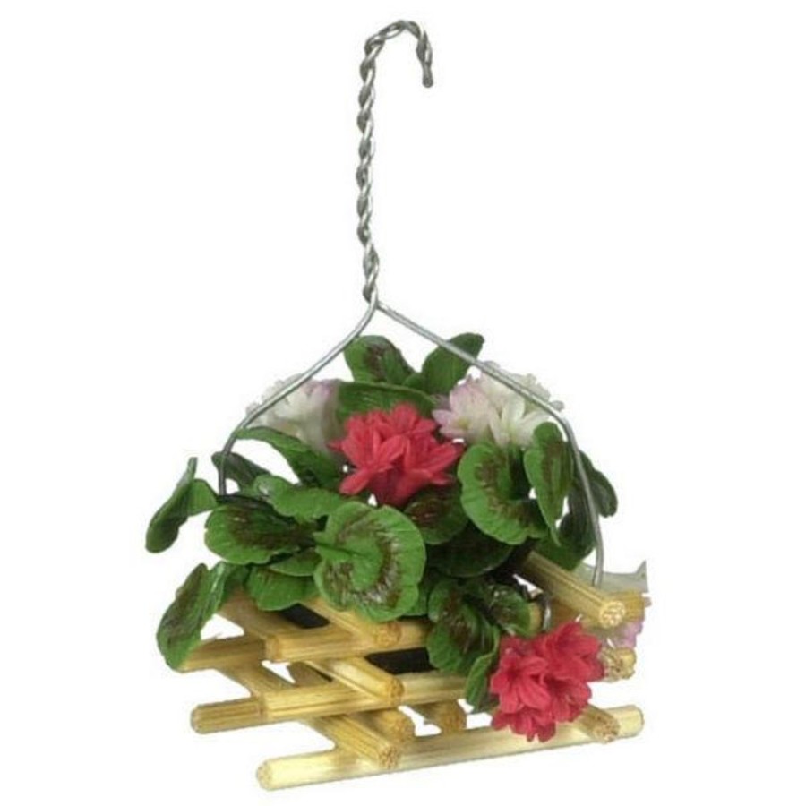 Dollhouse Miniatures Aztec | Hanging Dollhouse Miniature Basket Of Red & White Geraniums