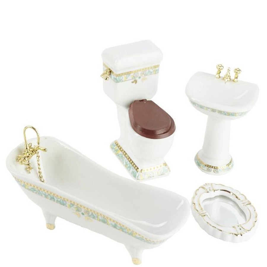 Dollhouse Miniatures Aztec | 4-Piece White & Green Floral Porcelain Dollhouse Miniature Bathroom Set