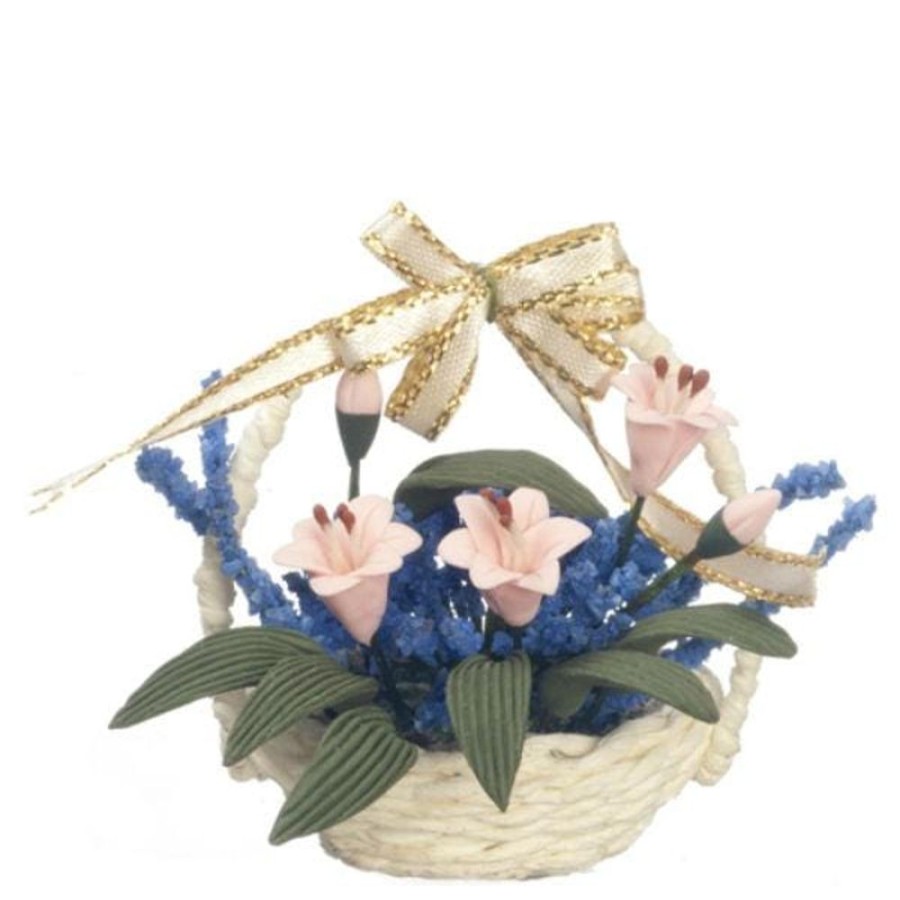 Dollhouse Miniatures Aztec | Pink & Blue Dollhouse Miniature Flowers In A Basket