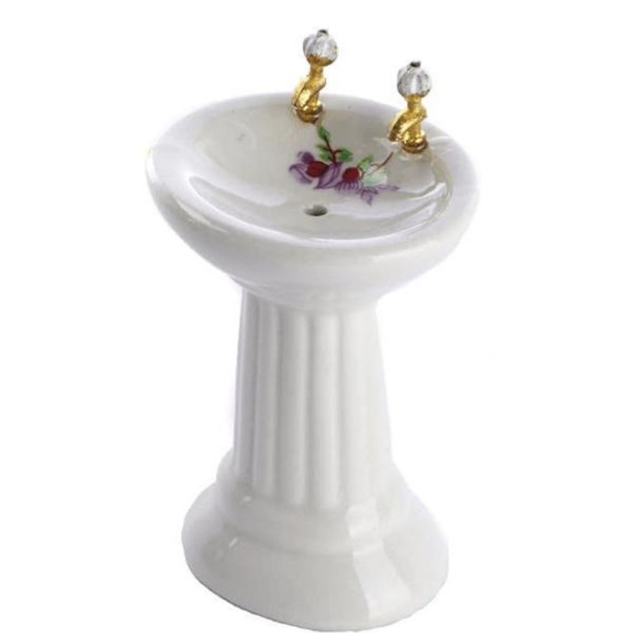 Dollhouse Miniatures Aztec | Dollhouse Miniature Pedestal Sink With Floral Design