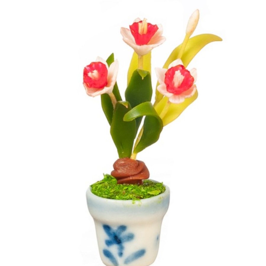 Dollhouse Miniatures Aztec | Red & White Dollhouse Miniature Daffodils In A Pot