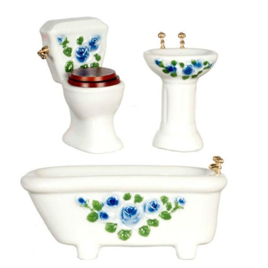 Dollhouse Miniatures Aztec | 3-Piece Dollhouse Miniature Blue Floral Bathroom Set