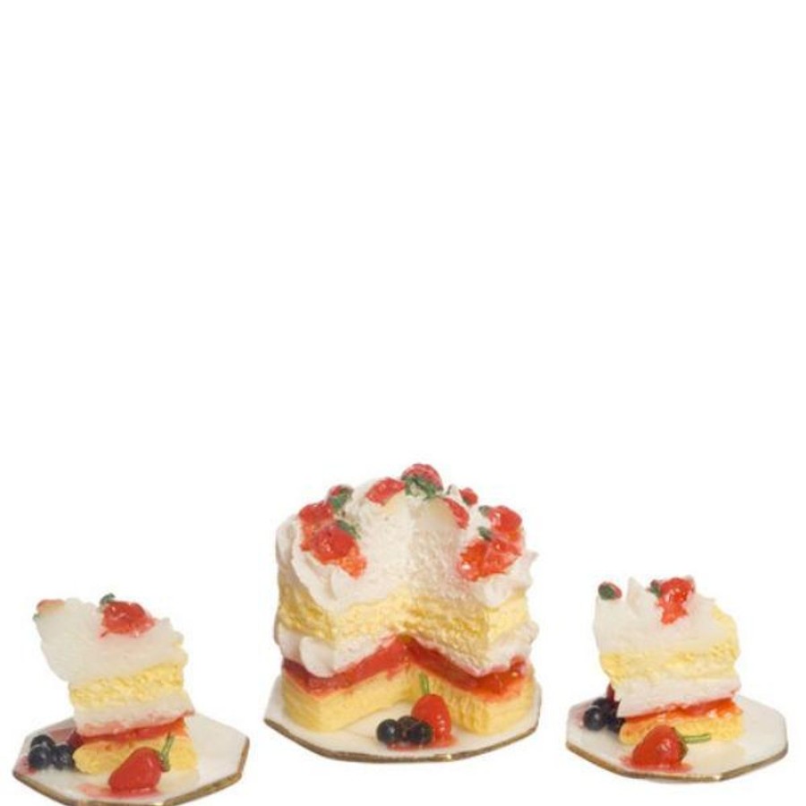 Dollhouse Miniatures Aztec | Dollhouse Miniature Strawberry Cake With Two Plates