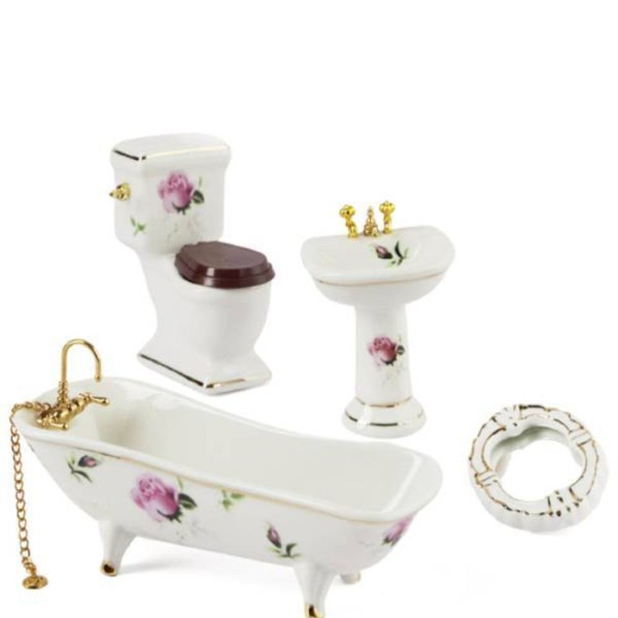 Dollhouse Miniatures Aztec | 4-Piece Pink Roses Dollhouse Miniature Bathroom Set