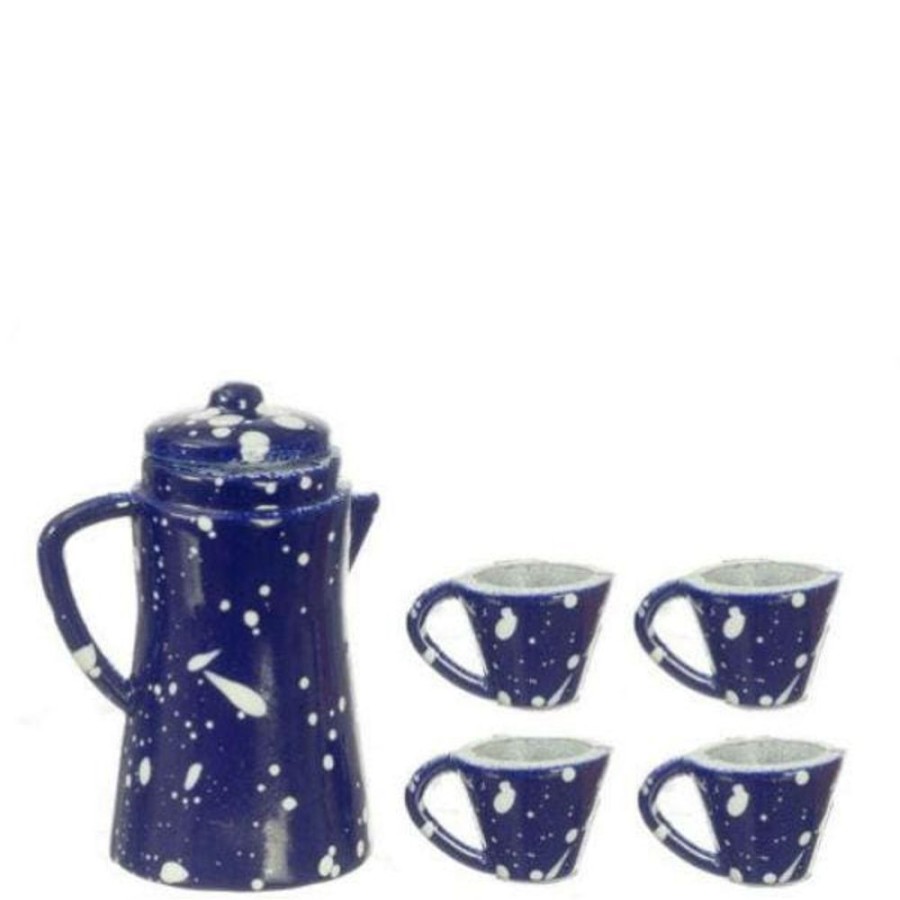 Dollhouse Miniatures Aztec | 5-Piece Dollhouse Miniature Blue Spatterware Coffee Set