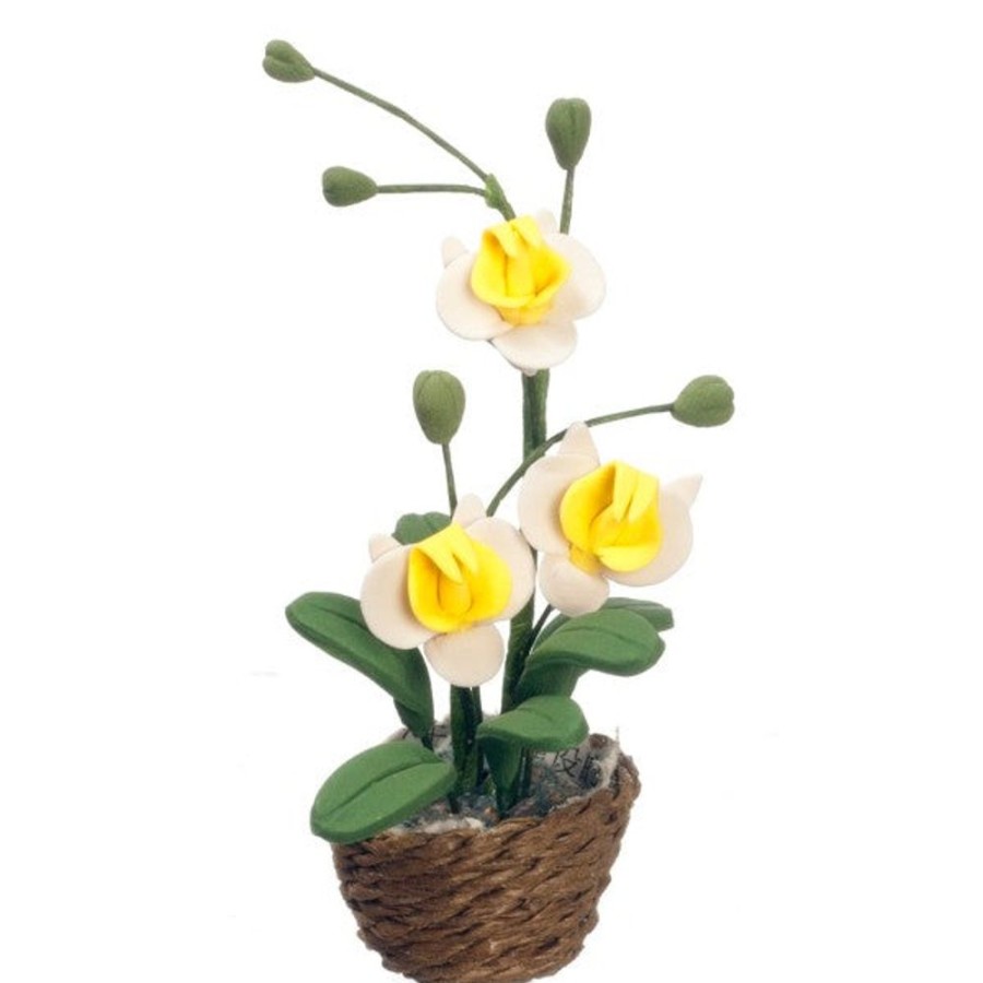 Dollhouse Miniatures Aztec | Yellow & White Dollhouse Miniature Orchid Flowers In A Basket