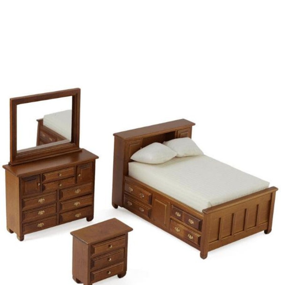 Dollhouse Miniatures Aztec | Walnut Dollhouse Miniature Double Bedroom Set