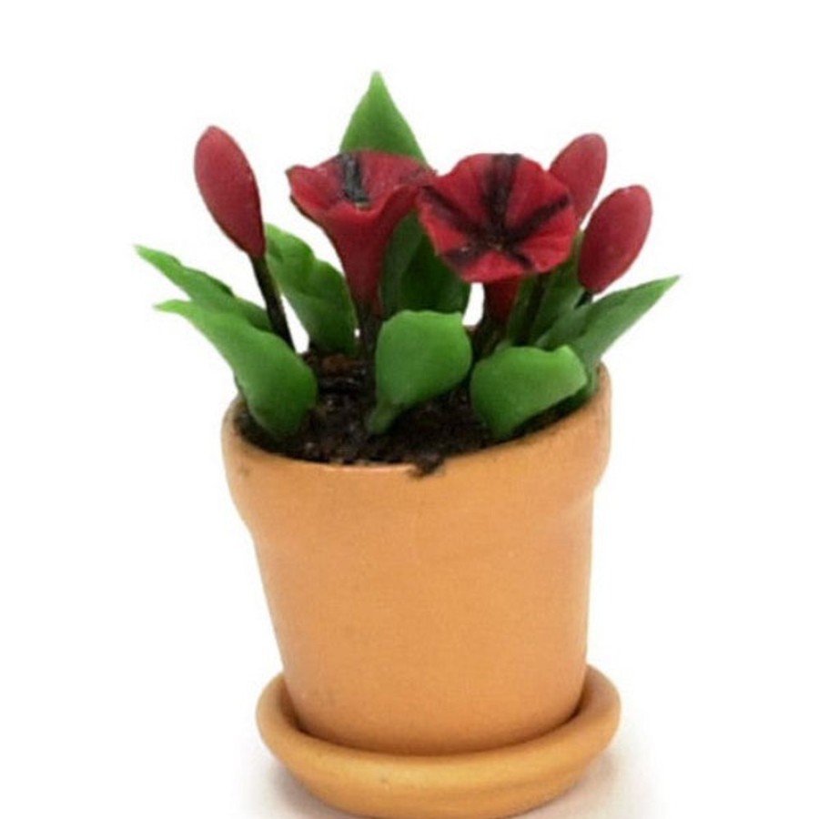 Dollhouse Miniatures Aztec | Red & Black Dollhouse Miniature Petunias In A Pot