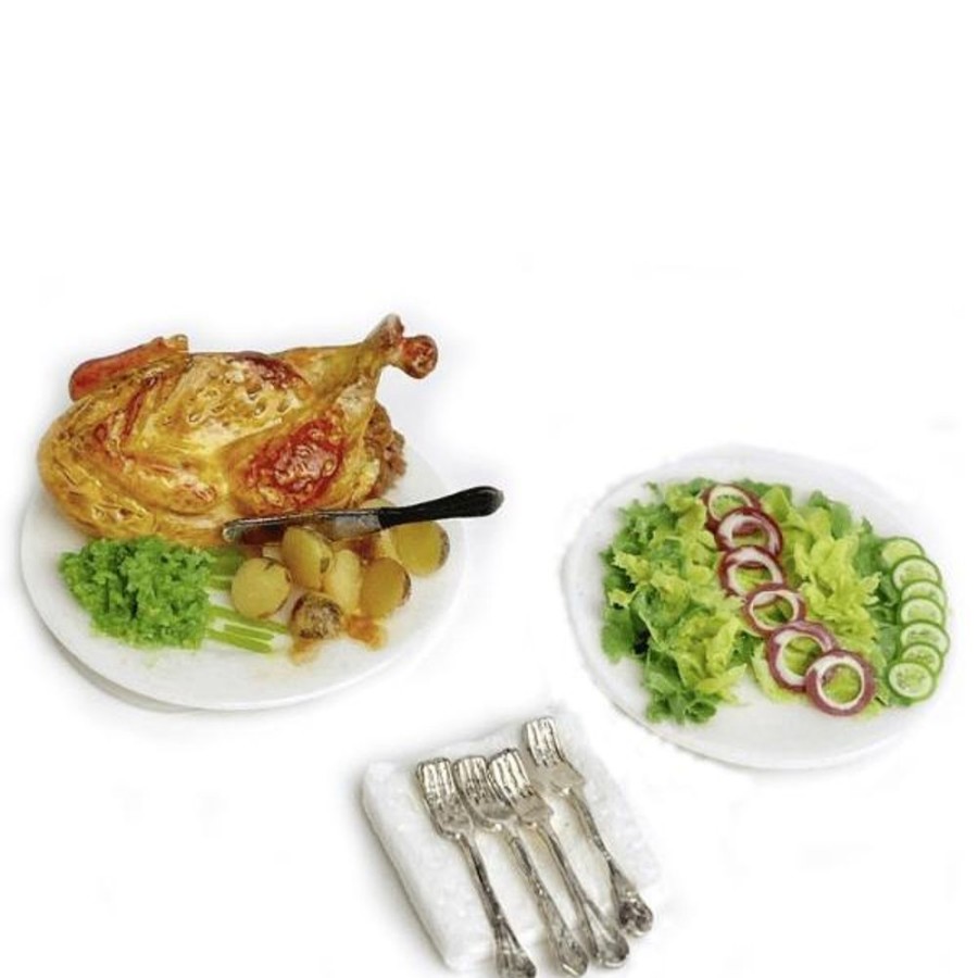 Dollhouse Miniatures Aztec | Dollhouse Miniature Roasted Chicken Dinner With Side Salad & Napkin Set